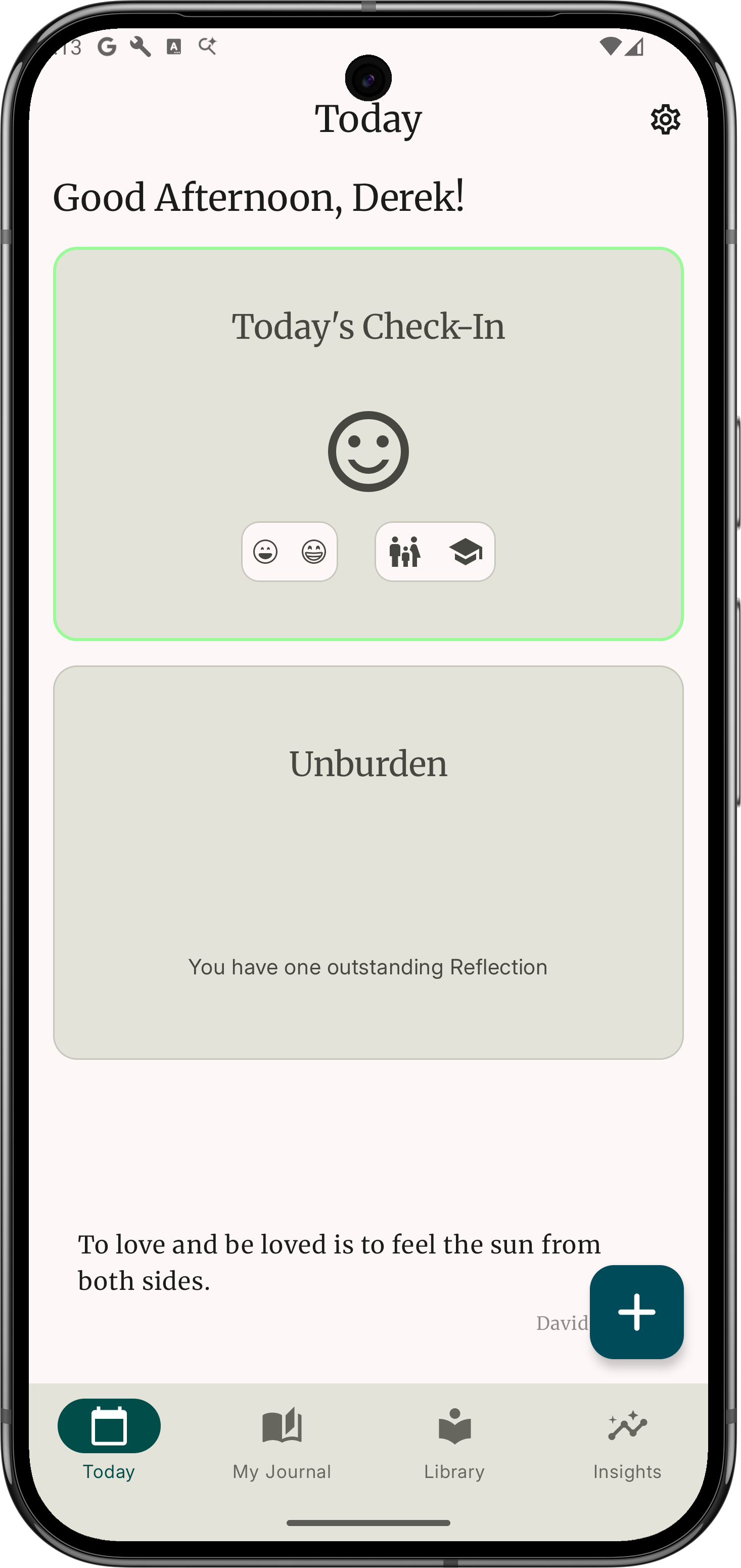 Today screen with mood check-in and journaling prompts