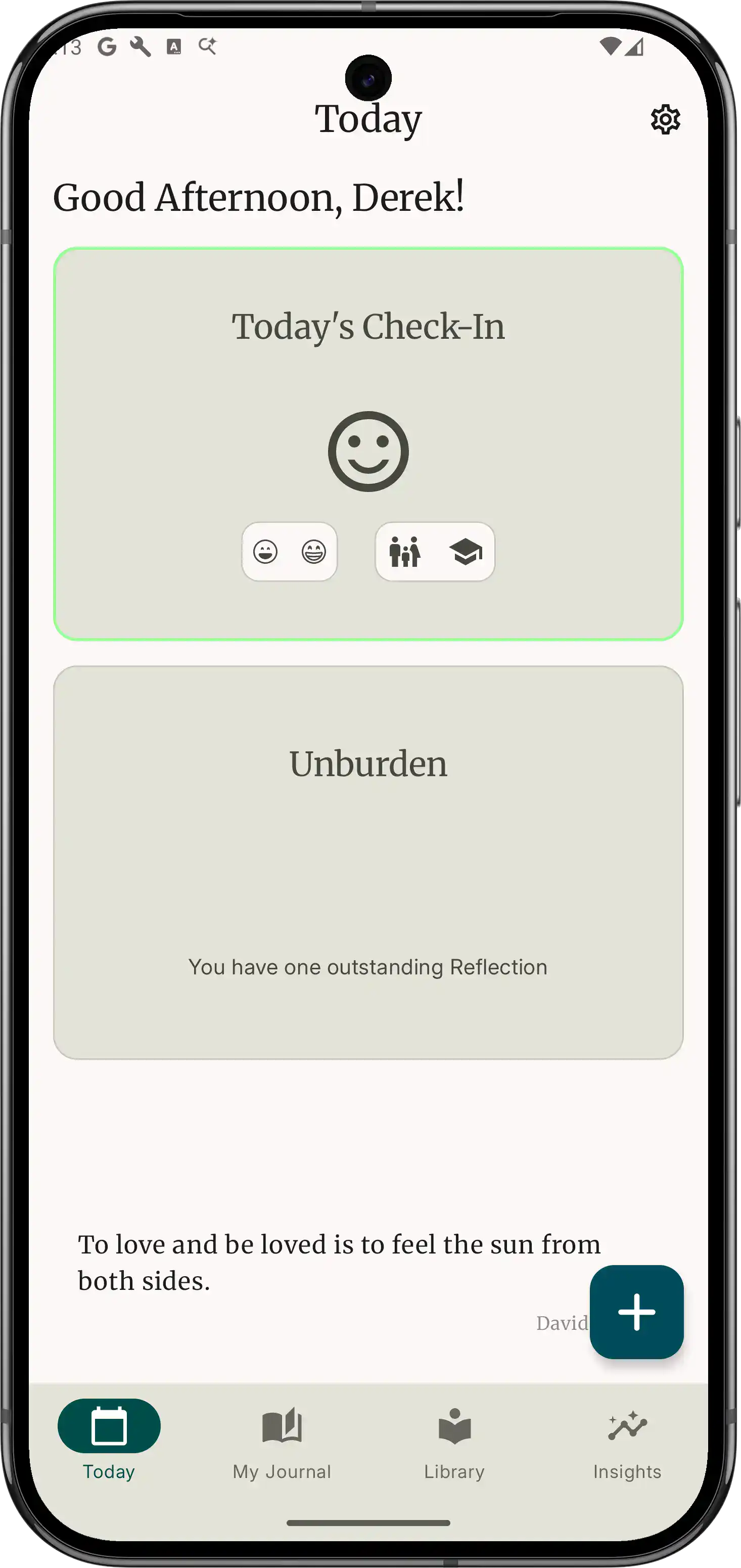 Today screen with mood check-in and journaling prompts
